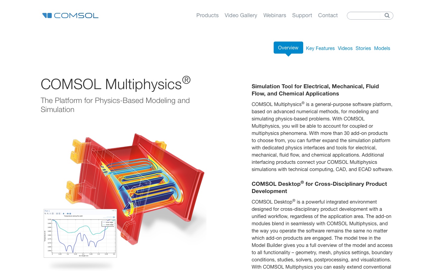Archived COMSOL Multiphysics product page featuring the physics-based modeling and simulation platform, captured February 20, 2016.