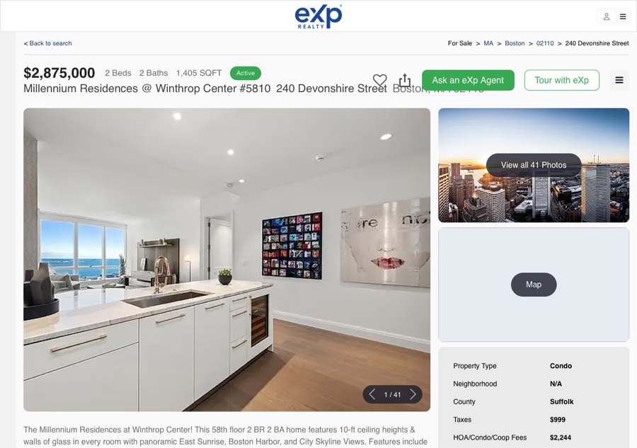 Archived eXp Realty listing page for a Boston condo at 240 Devonshire Street, showing a bright kitchen photo, skyline gallery preview, and 41 listing photos; captured May 7, 2024.