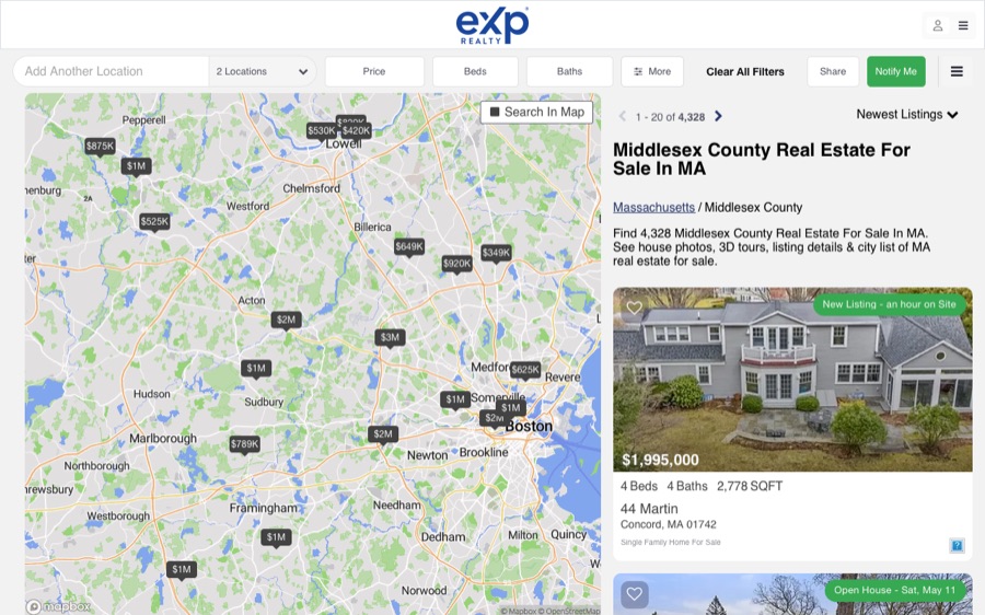 Archived eXp Realty Middlesex County, Massachusetts listings search with Mapbox basemap, map markers, and property cards; captured May 7, 2024, with missing map tiles restored.
