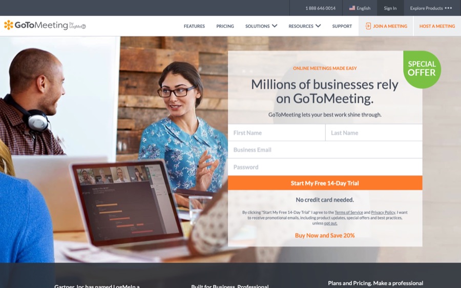 Archived GoToMeeting by LogMeIn marketing homepage, captured June 1, 2019.