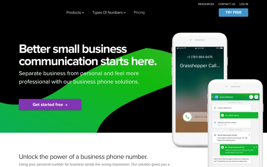 Archived Grasshopper virtual phone system homepage, a LogMeIn product, captured May 22, 2019.