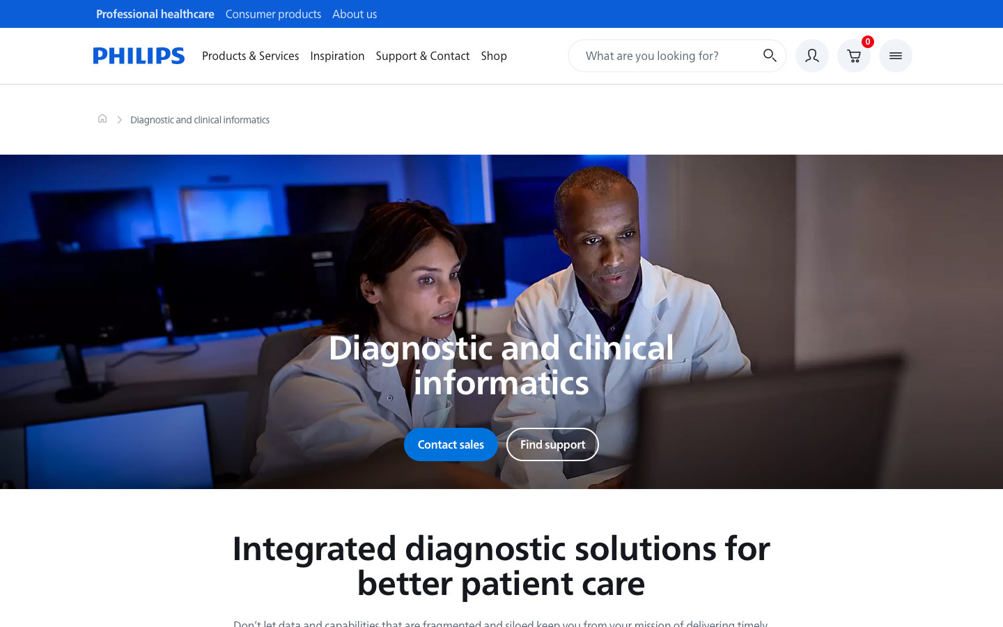 Screenshot of Philips’ diagnostic and clinical informatics marketing page, with a clinical team hero image and integrated diagnostics headline.