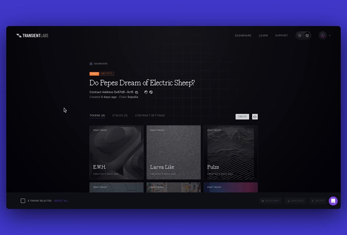 Transient Labs dashboard interface with a project title, tabs, and a grid of NFT token cards.