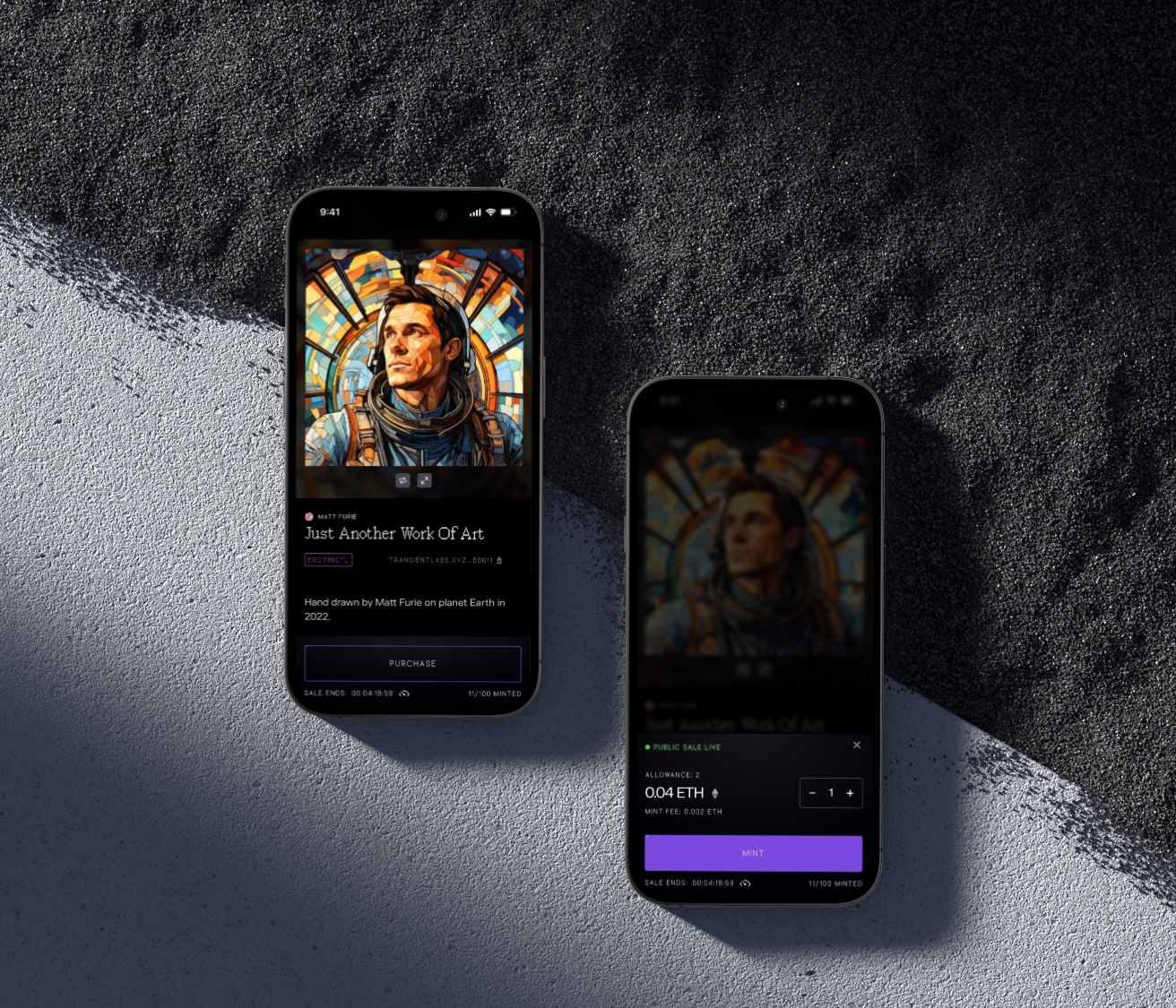 Two mobile views of a Transient Labs NFT artwork page and its token mint form.